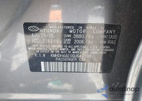 2016 Hyundai Elantra Se from USA, damaged, VIN KMHDH4AE0GU642390